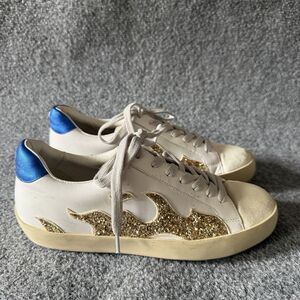BiBi Lou Gamin White Leather Sneakers Gold Glitter Flames Blue Heel Lace Up
